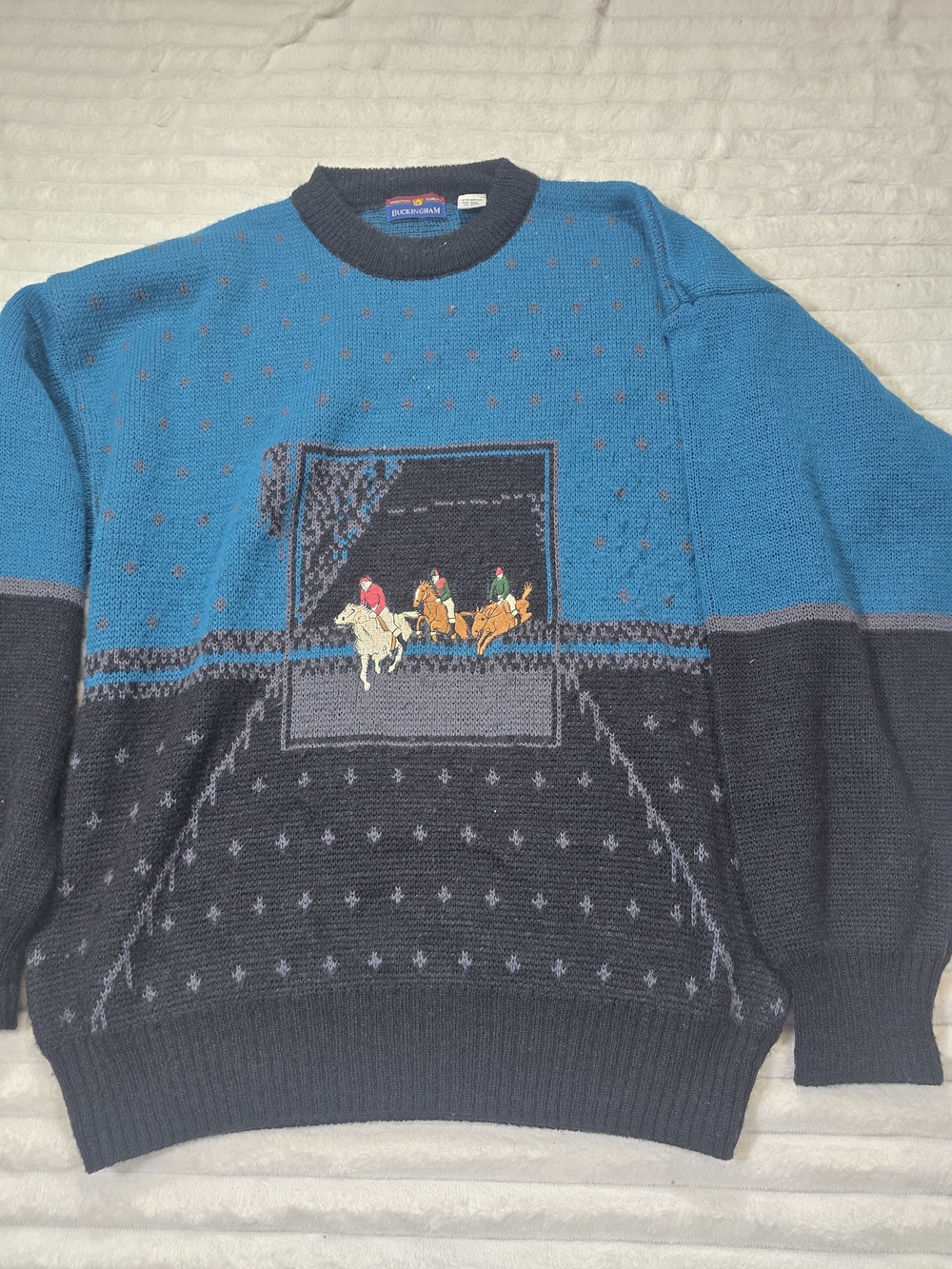 Men's Blue and Navy Polo Player Pattern Crewneck Sweater